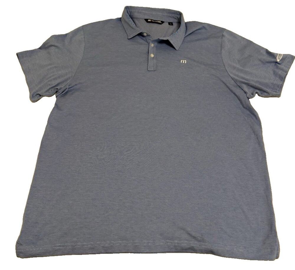 TravisMathew Men's L Blue Striped Polo Shirt Short Sleeve Collared Button Logo